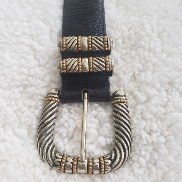 BRIGHTON Women's Black Leather Belt Silver and Gold Tone Buckle Scroll Work - Picture 7 of 14